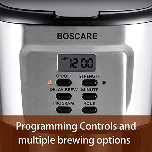 BOSCARE programmable coffee maker,2-12 Cup Drip Coffee maker, Mini Coffee  Machine with Auto Shut-off,Strength Control,Silver Black 
