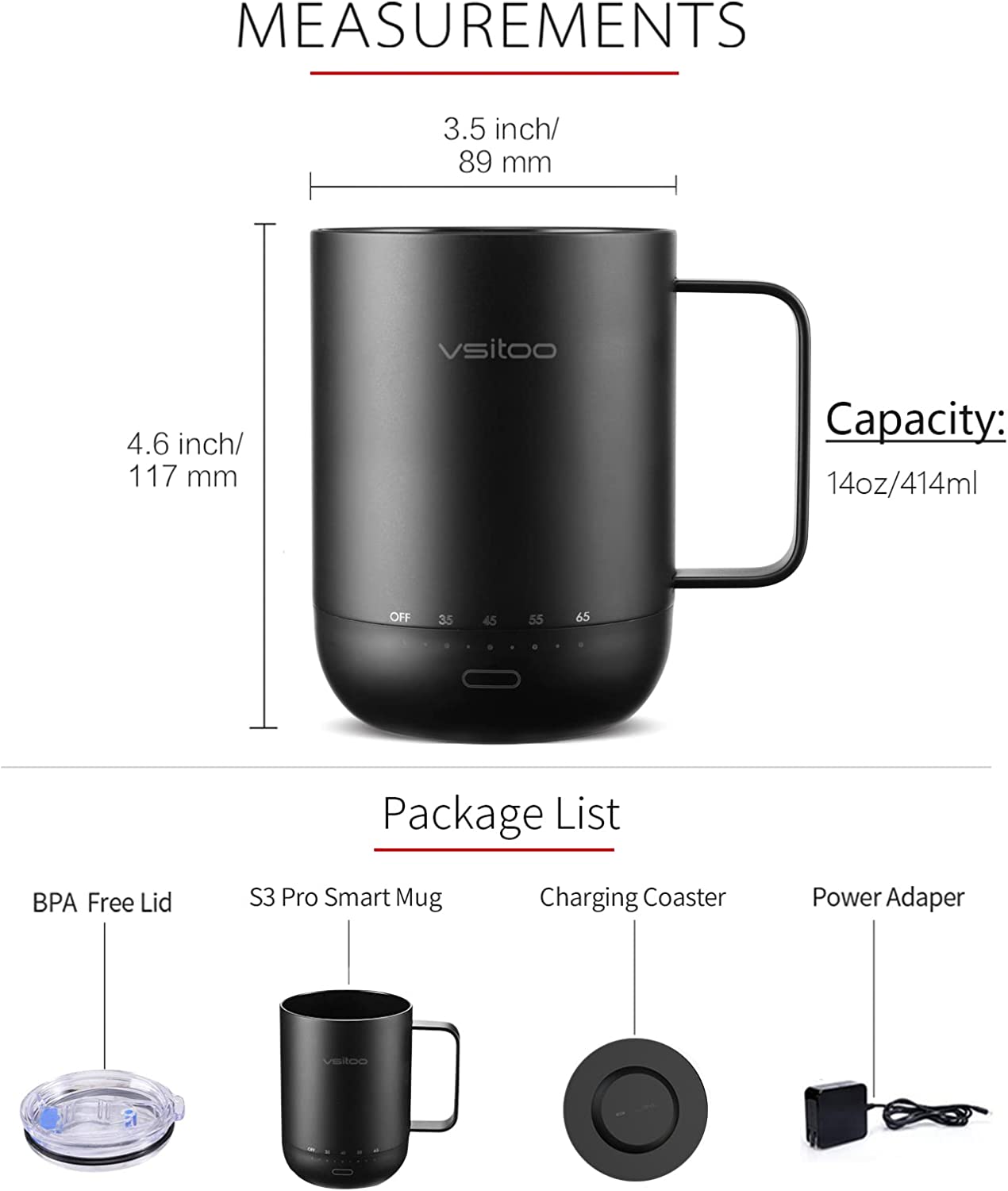 Vsitoo S3 Pro Temperature Control Smart Mug 2 with Sliding Lid, Self Heating Coffee Mug 14 oz, 2-Hr Battery Life - App & Manual Controlled Heated