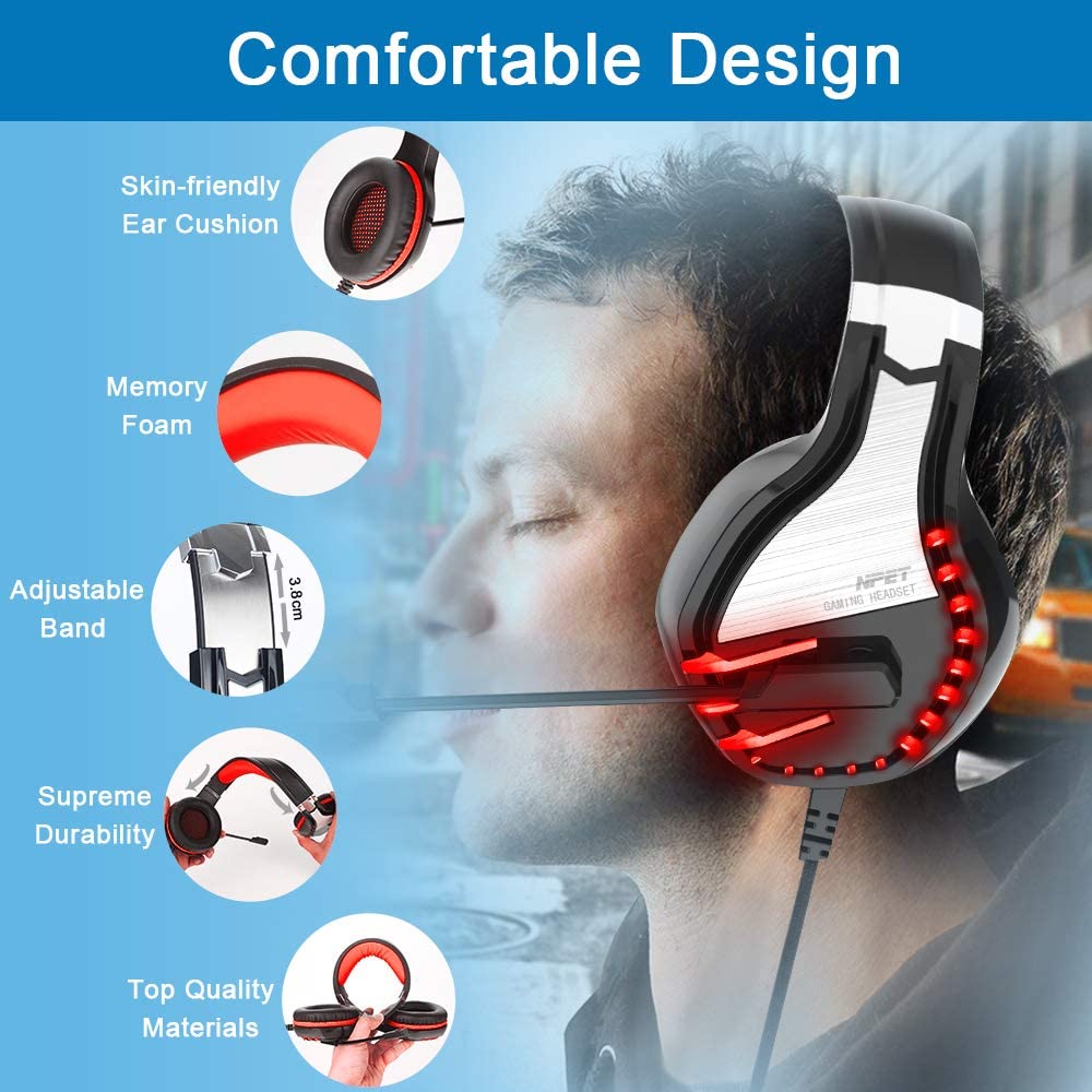 NPET HS10 Stereo Gaming Headset for PS4, PC, Xbox One Controller, Noise Red