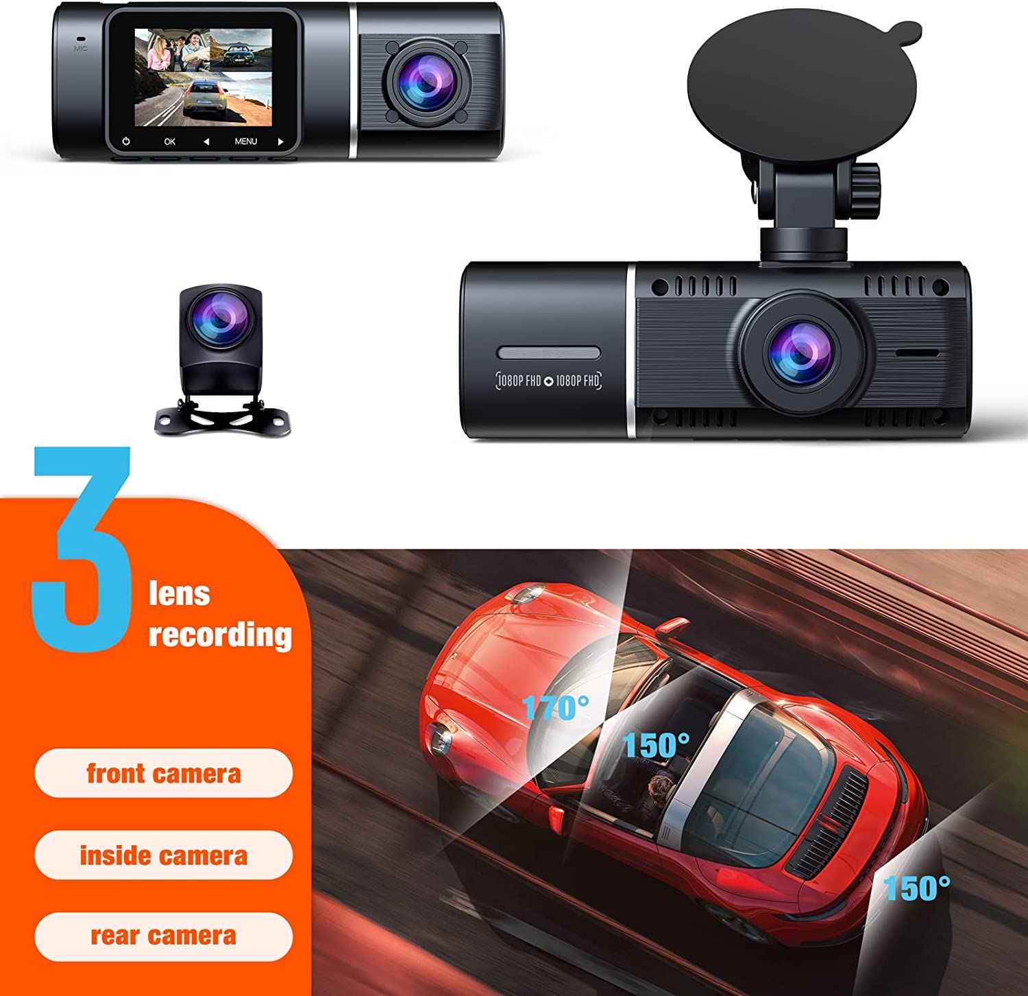 LAMTTO Dual Dash Cam Front and Inside 1080P Dash Camera for Cars 1.5  Display 170° Wide Angle Car Camera Driver Recorder with Motion Detection