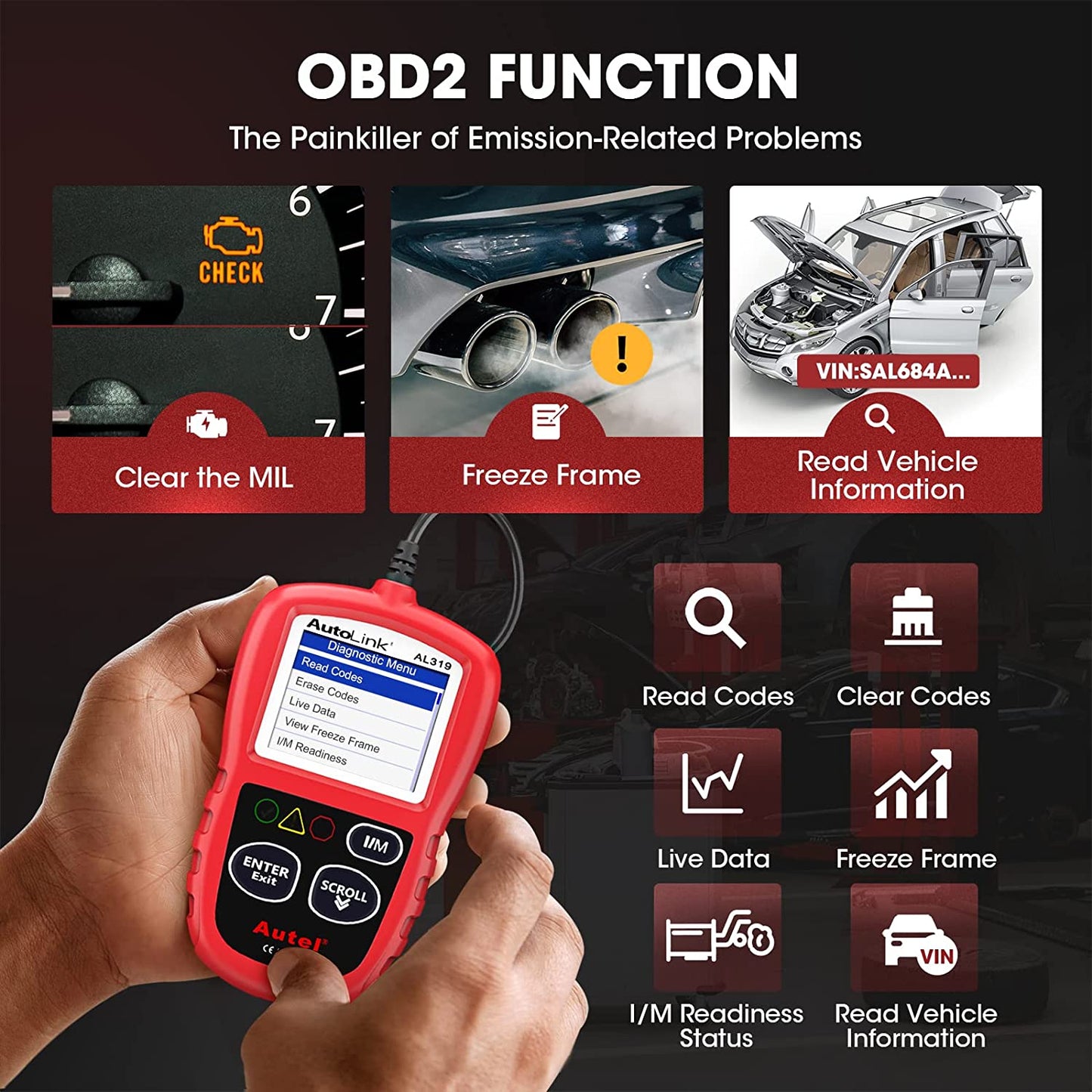 Autel OBD2 Scanner Autolink AL319 Code Reader Read and Erase Codes Check...