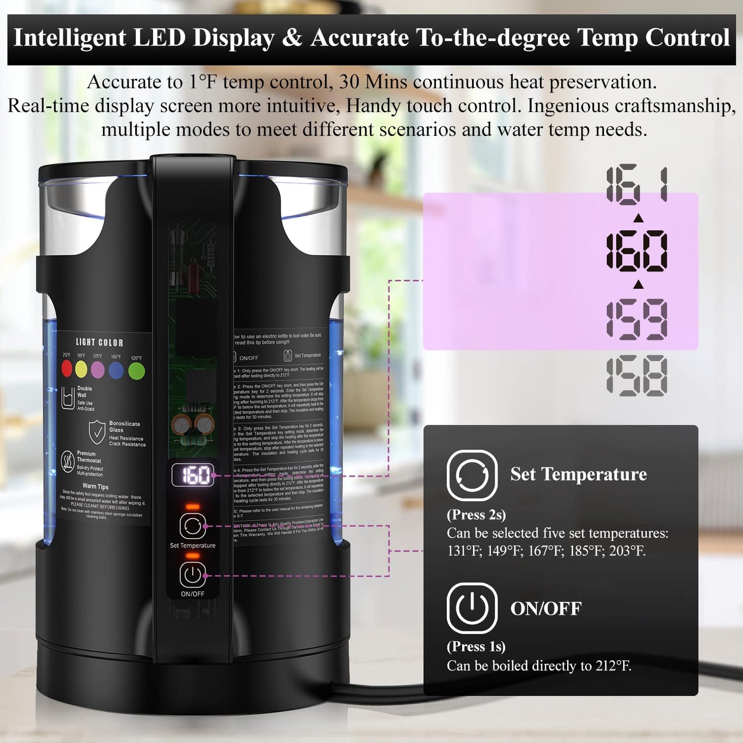 Electric Kettle, Intelligent Temp Control, One Wipe Clean, 5 LED Light Black