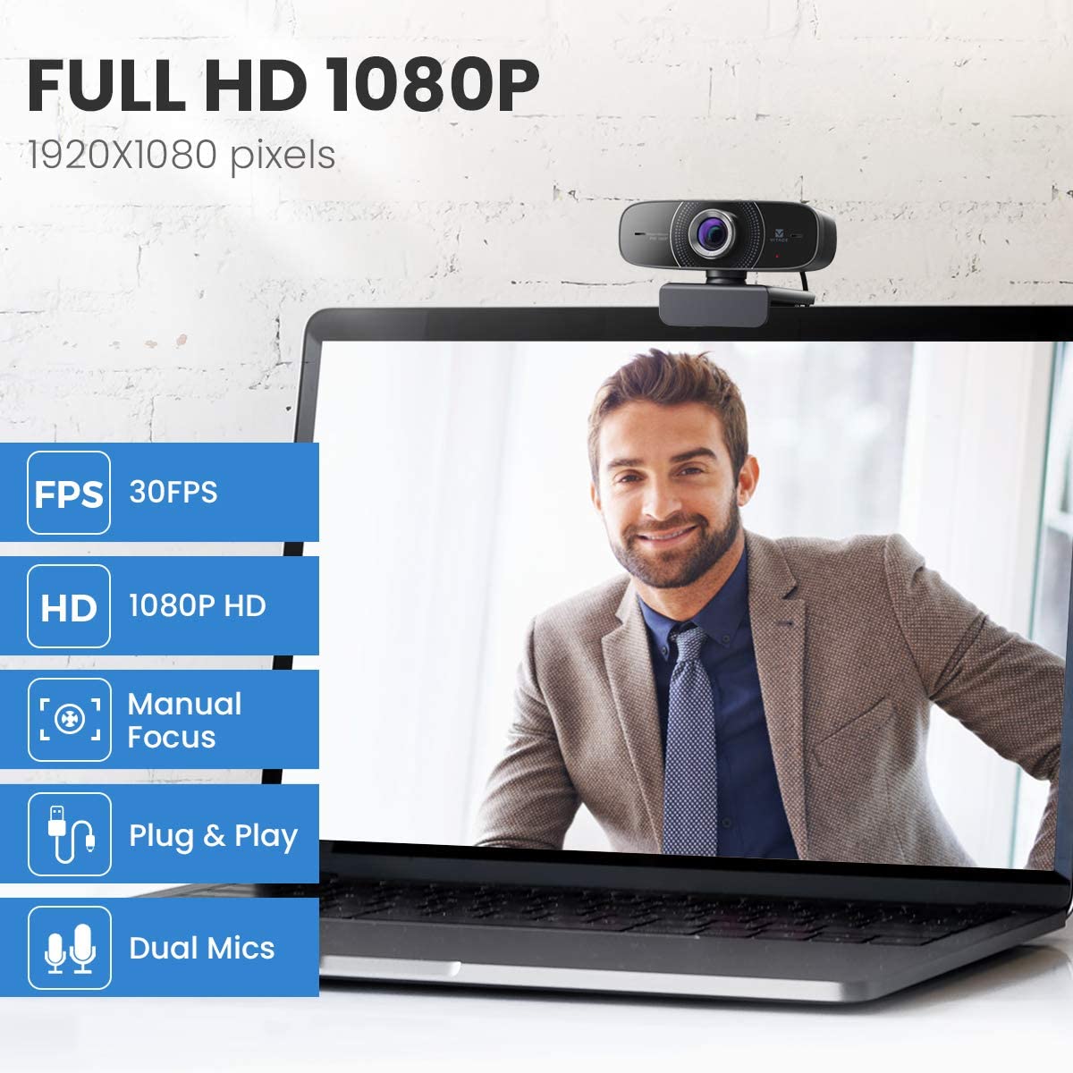 Webcam 1080P with Microphone HD Web Cam 30fps, Vitade 826M USB Computer Web...